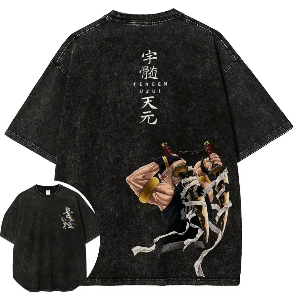 Demon Slayer Mens and Womens Washed TShirt Tengen Uzui Summer Spring Anime Tee Retro Distressed Versatile Yk Short Sleeve L
