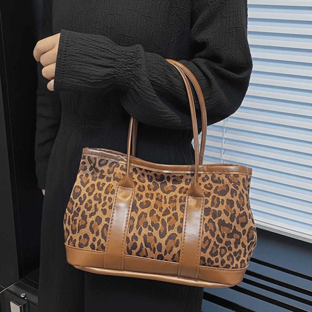 Retro Leopard Print Crossbody Bag Plush Ladies Bucket Shoulder Bag Autumn Winter