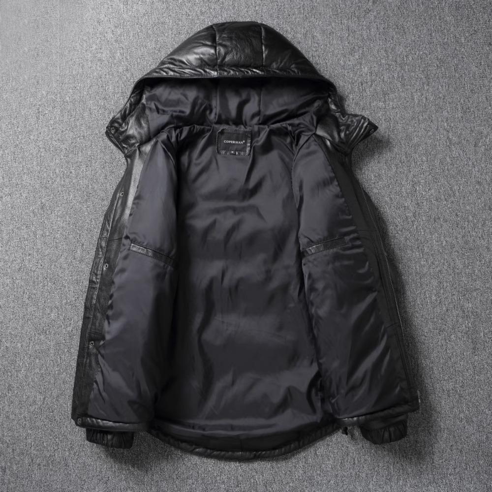 Chinese Size Thick Men Leather Jacket Hood Warm Down Coat Winter Long Down Jackets Genuine Cow Leather Coats Mens Clothing