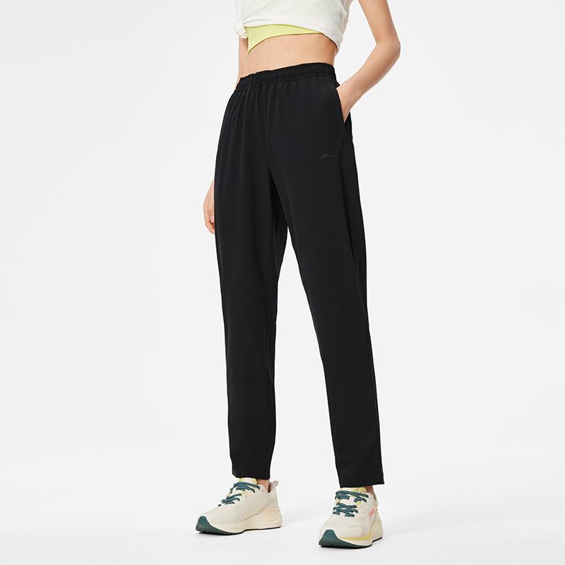 Li Ning Fitness Series Solid Color Moisture Wicking Quick Dry Straight Leg Knitted Sports Pants Women Pants Black AYKU468-1
