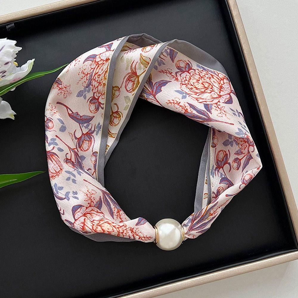 Thin Pearl Silk Scarf Magnetic Clasp Neck Wrap Fashion Neckerchief  for Women