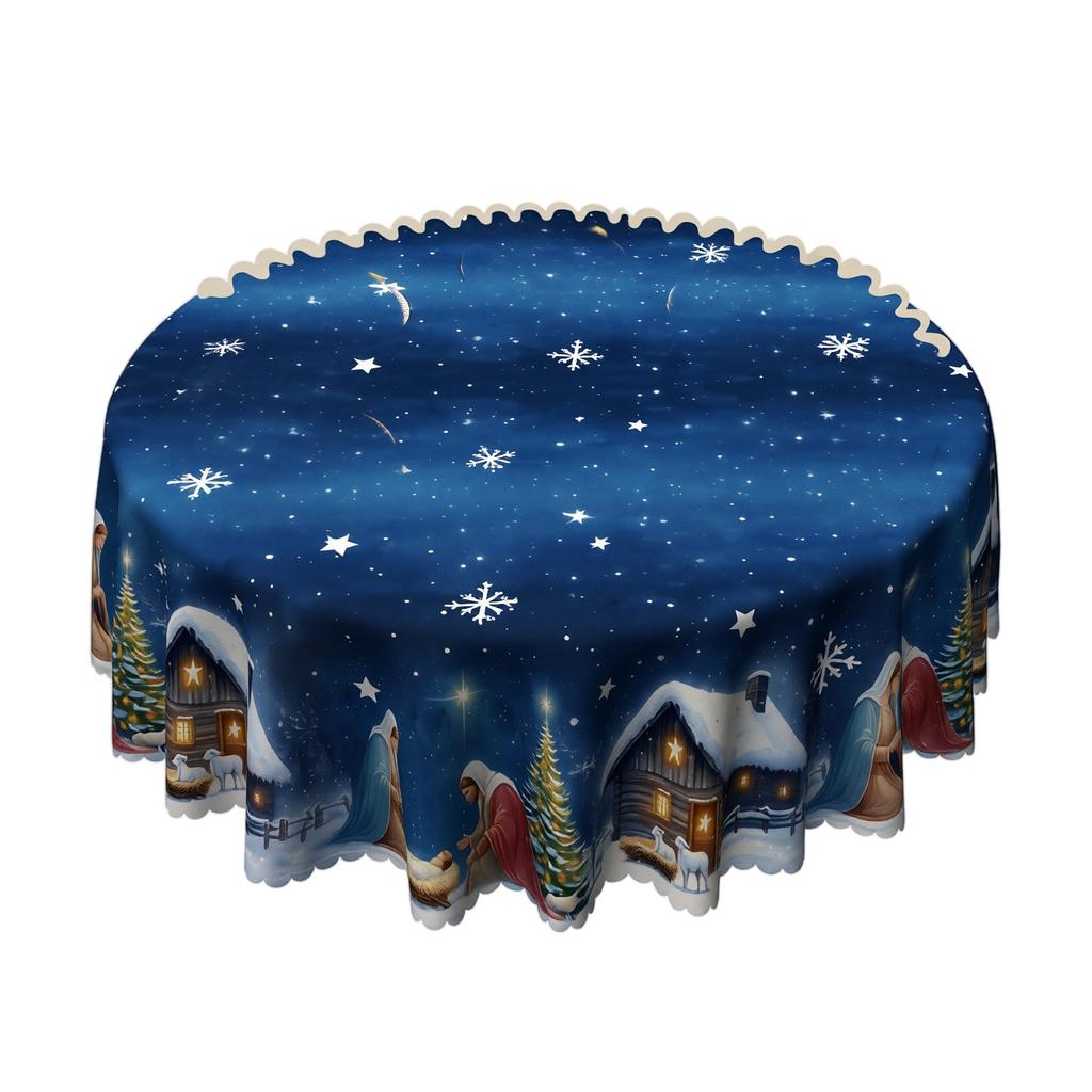 Elegant Christmas Tablecloth with Night Scene Print, Oil- Clean, Round or Square Decorative Table Cover for Holiday Party Dining