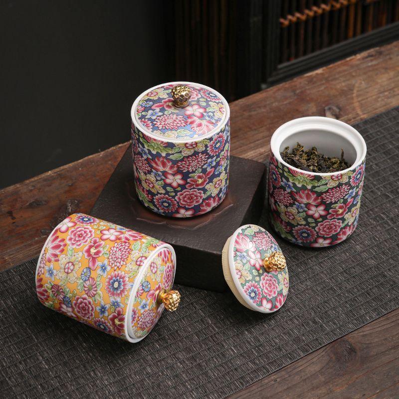 Creative Enamel Painted Flowers Ceramic Tea Jar Moisture-proof Seal Coffee Bean Candy Jar Kitchen Food Storage Container Decor