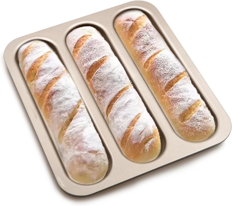 Durable Carbon Steel Baguette Baking Molds, Nonstick French Bread Pan with Rectangular Slots, Specialty 3-Cavity Baguette Mold - Essential Kitchen