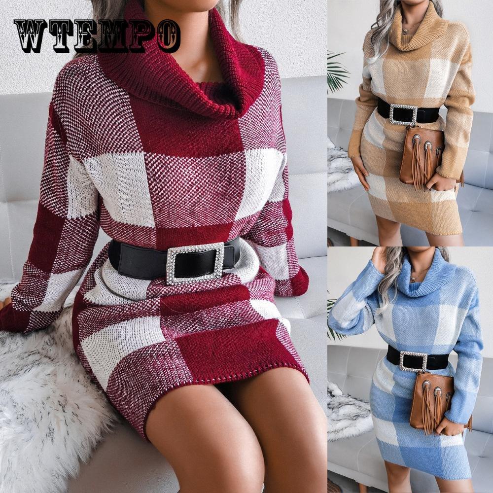 

Свитер женский водолазка клетчатый пуловер трикотаж в европейском и американском стиле пушистый повседневный топ модный свитер платье джемпер