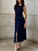 Elegant European Sleeveless Ribbed Knit Dress with Button-Up Accents
