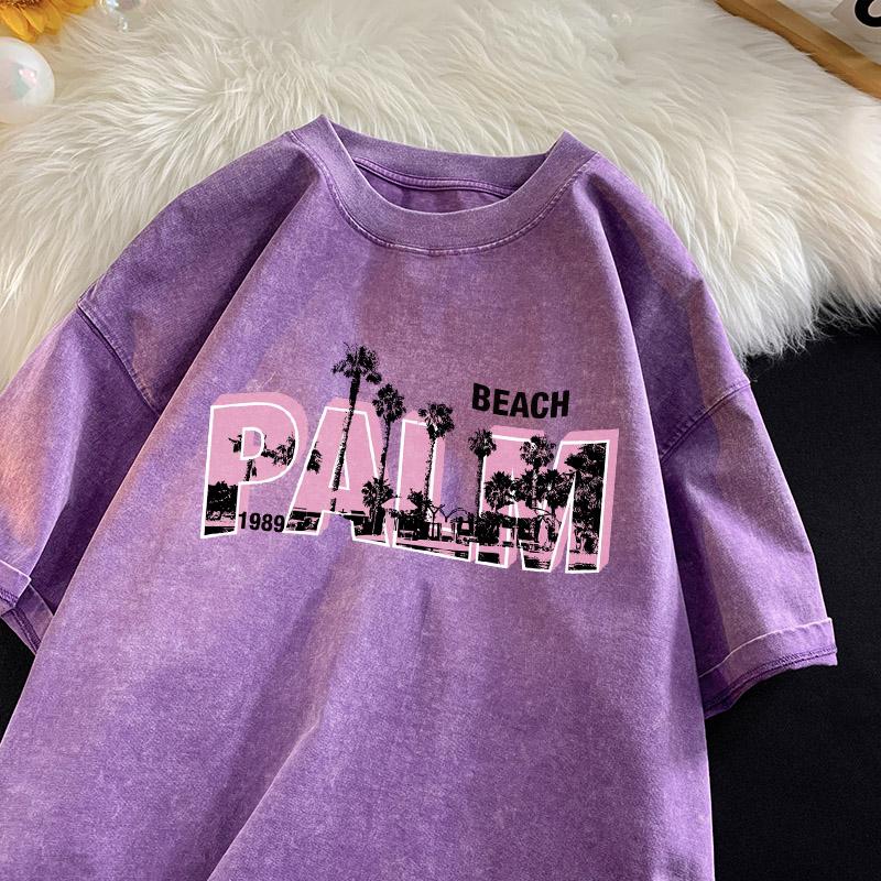 Palm Beach Print T-shirt Men Pink Letter Shirt Cotton Vintage Washed Tee Street Soft Comfort T-shirts Men Clothing