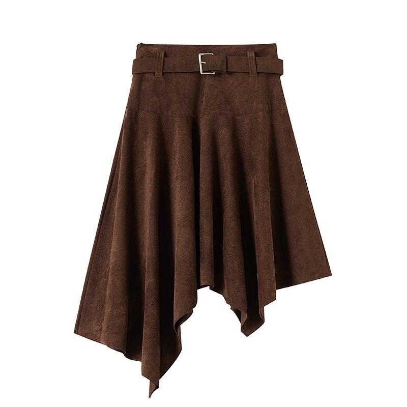 Fustă mini asimetrică vintage din piele întoarsă pentru femei, cu talie înaltă, slim, linie A, fuste midi