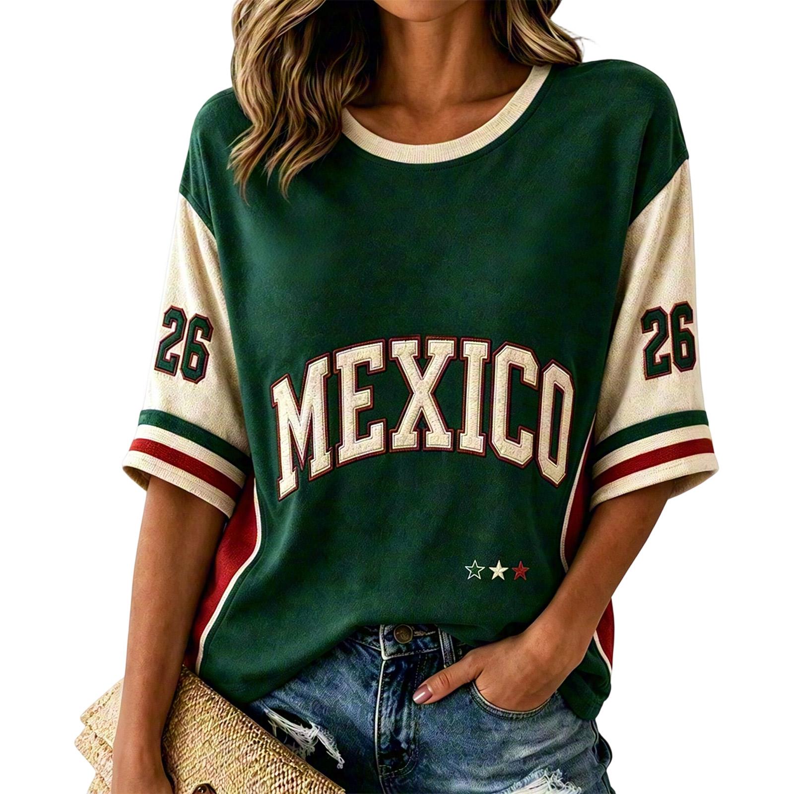 Women s Mexico Soccer Print Round Neck Three-Quarter Sleeve T-Shirt L