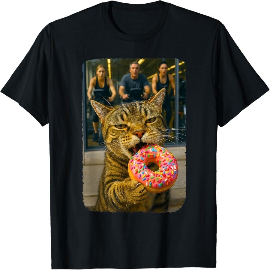 BaruToW Funny Cat Eating Donut Outside Gym Cat Selfie Meme T-Shirt S