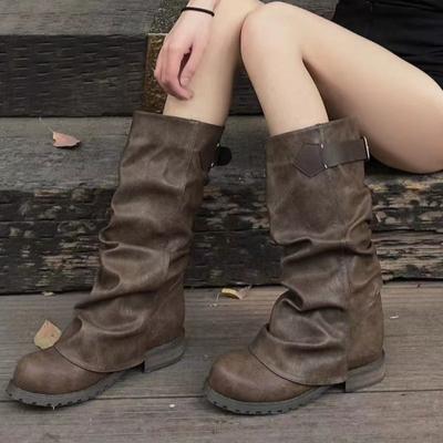 Women Platform Knee High Boots Fad Mid Heels Leather Shoes Brand Designer New Shoes Woman 2025 Trend Goth Chelsea Botas Mujer