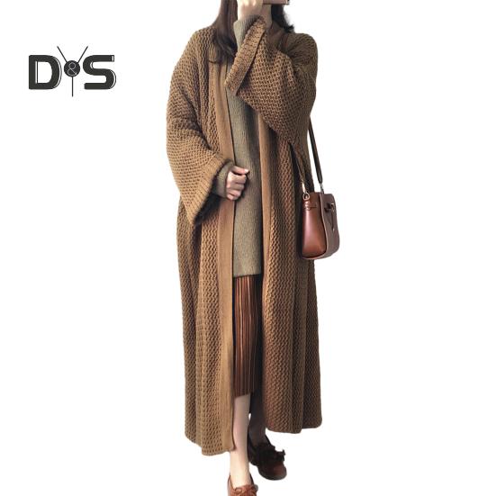 

Весенне-осенний женский свободный длинный свитер, пальто с длинным рукавом, однотонный, до щиколотки, с открытой передней частью, вязаный кардиган, верхняя одежда