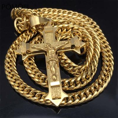 Goldfarbene Halskette mit Anhänger Kreuz Jesus Christus aus Edelstahl, Gliederkette, schwerer Herrenschmuck, Geschenk, 21,65 Zoll, 7 mm