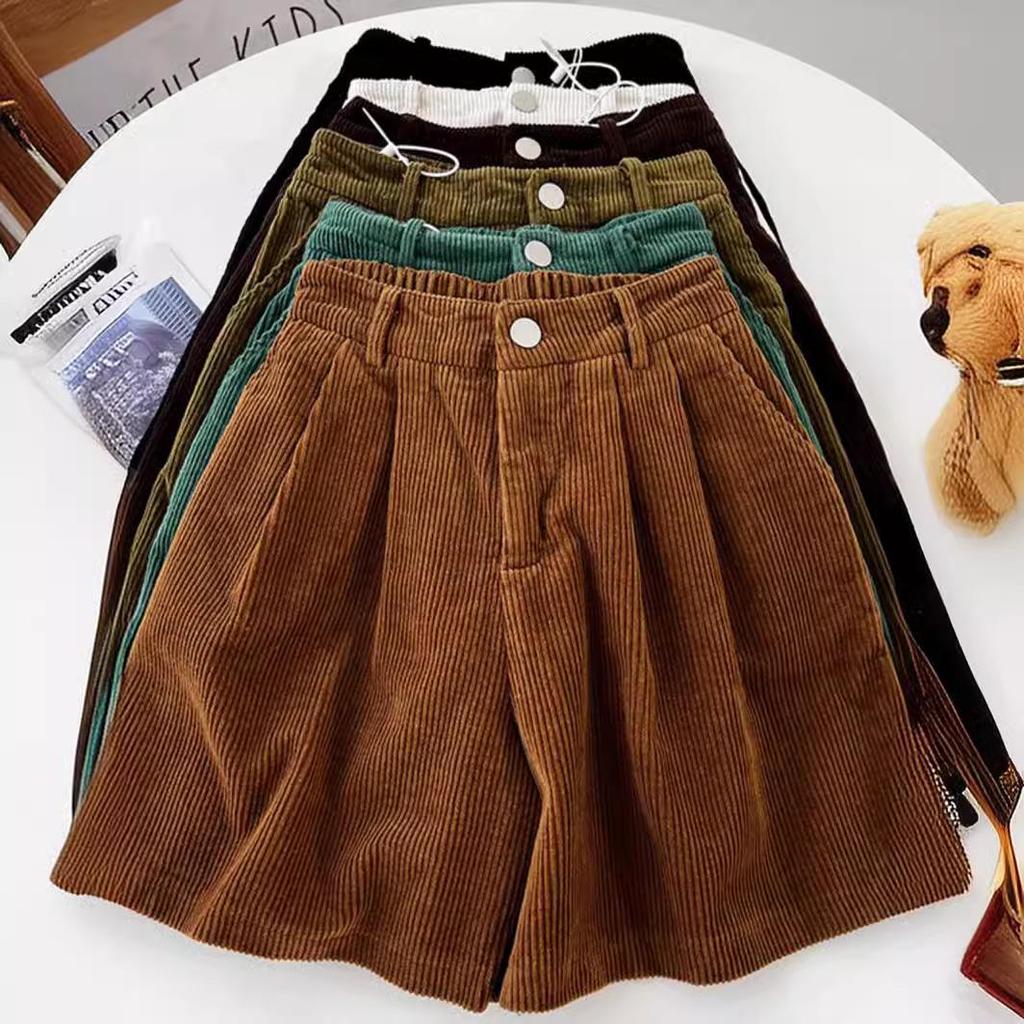 Women's High-Waist Retro Corduroy Shorts A-line Slimming Casual Wide-Leg, Petite Fit for 2025 Autumn/Winter Collection