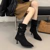 Pointed high-heeled short boots women's 2025 new autumn retro pleated piled boots thin heels western thin boots