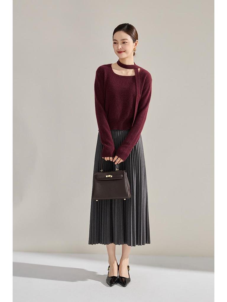 Spring Grey High-Waisted Slimming Pleated Midi Skirt - Versatile Commuting Outfit
