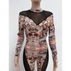 Women's Summer Mesh See Through Tight Print Patchwork Long Sleeve Jumpsuit