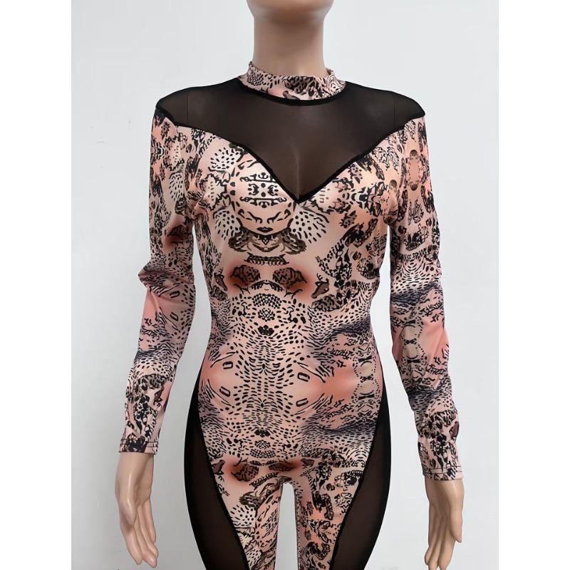 Women's Summer Mesh See Through Tight Print Patchwork Long Sleeve Jumpsuit