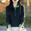 Women's Spring Color Block Knitted Sweater - Plus Size, Layered High-Neck, Half-Open Design