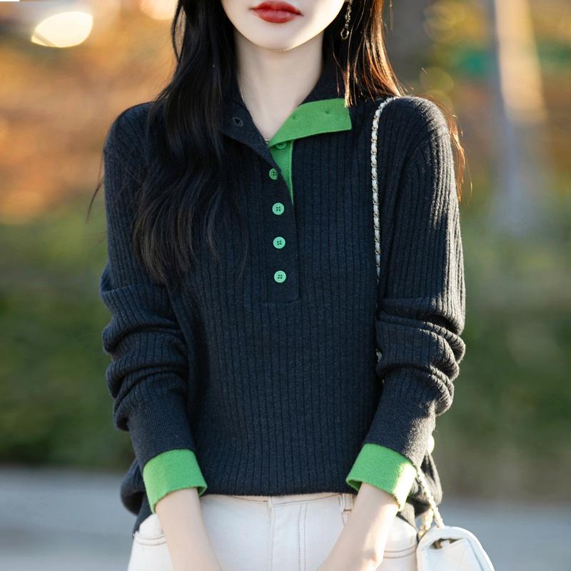 Women's Spring Color Block Knitted Sweater - Plus Size, Layered High-Neck, Half-Open Design