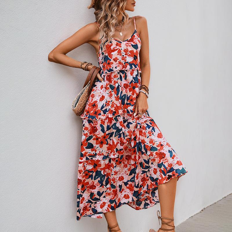 

New European and American summer A pendulum suspender skirt printed vacation dress XL помаранчевий
