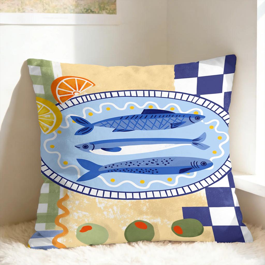 Flat Coastal Seafood Themed Pillow Cover Custom Cushion Cover Retro Trendy Pillow Case For Sofa Home Decor