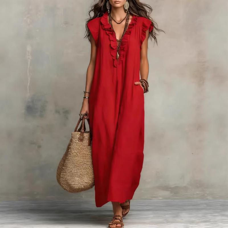 2026 Spring/Summer New Bohemian Style Long Dress for Women with Flutter Sleeves, Casual Solid Color Long Dress