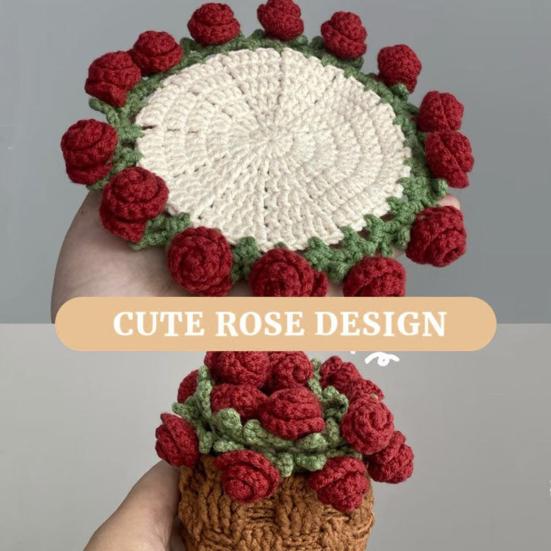 Handmade Crochet Flower Coasters Vintage Rose Flower Bouquet Coaster Unique Coffee Table Decor Accessories
