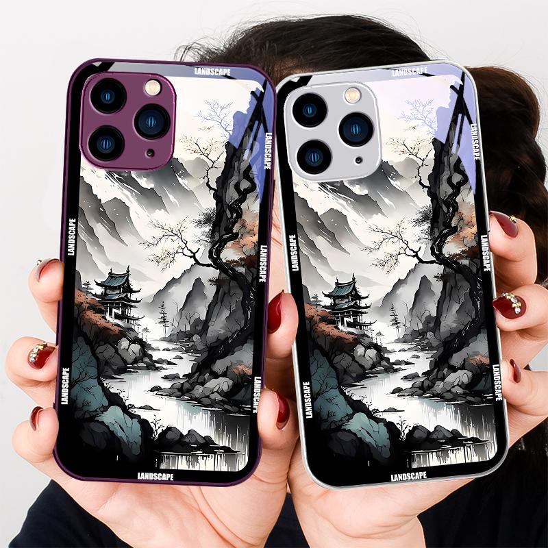 Chinese Landscape Painting For Iphone 16 Plus 15 14 13 12 Mini 11 Pro Max X XS XR 7 8 Plus 2022 Tempered Glass Phone Case