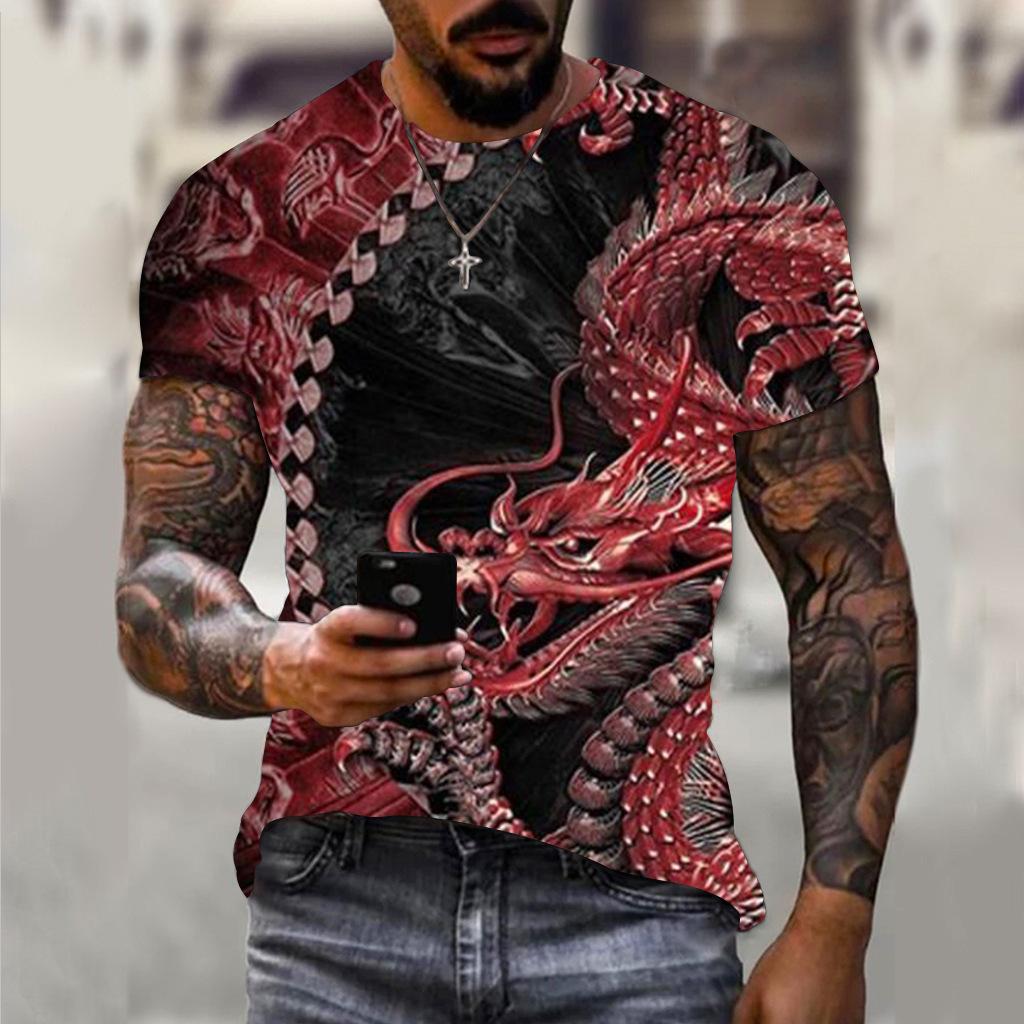 Summer Round Neck 3D Dragon Print Top Fashionable Casual Short Sleeved Men's T-shirts