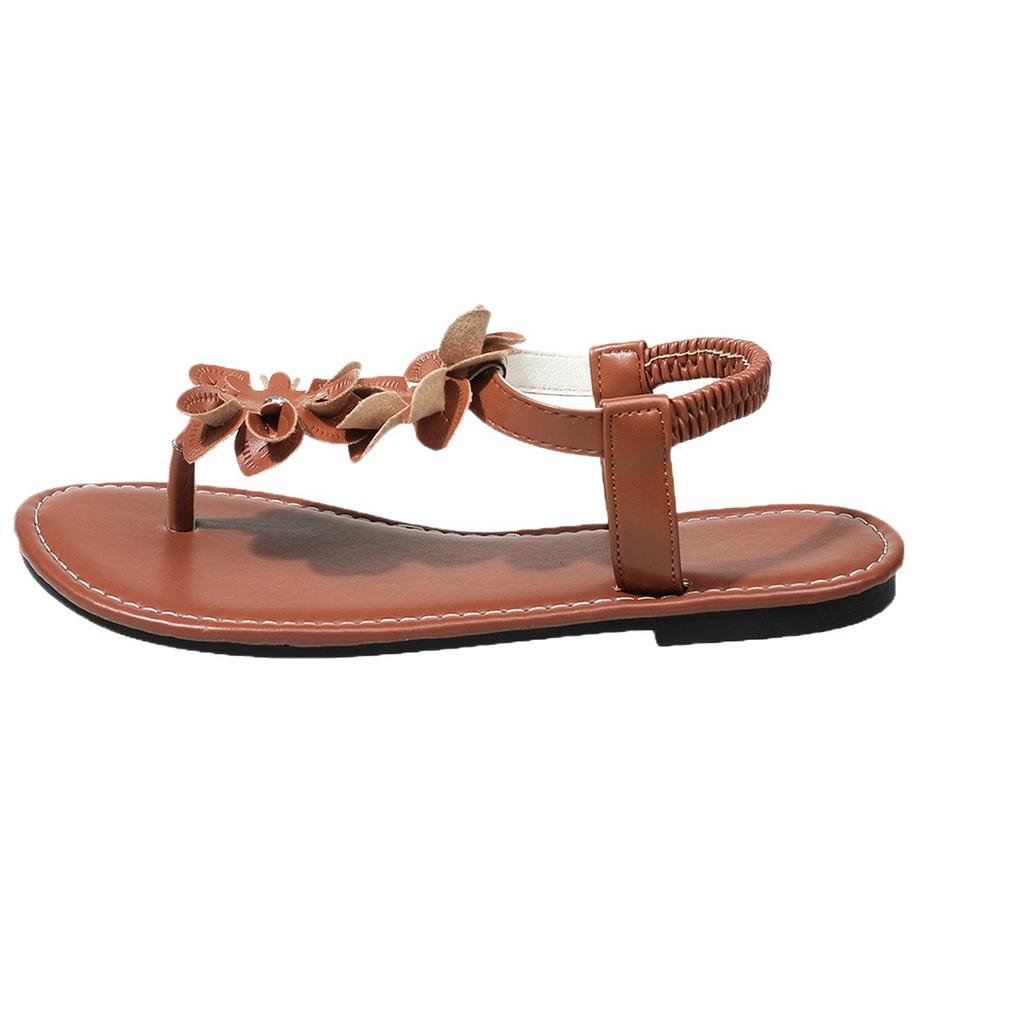 European and American elegant flower toe flat sandals vacation style elastic band large size beach cool slippers