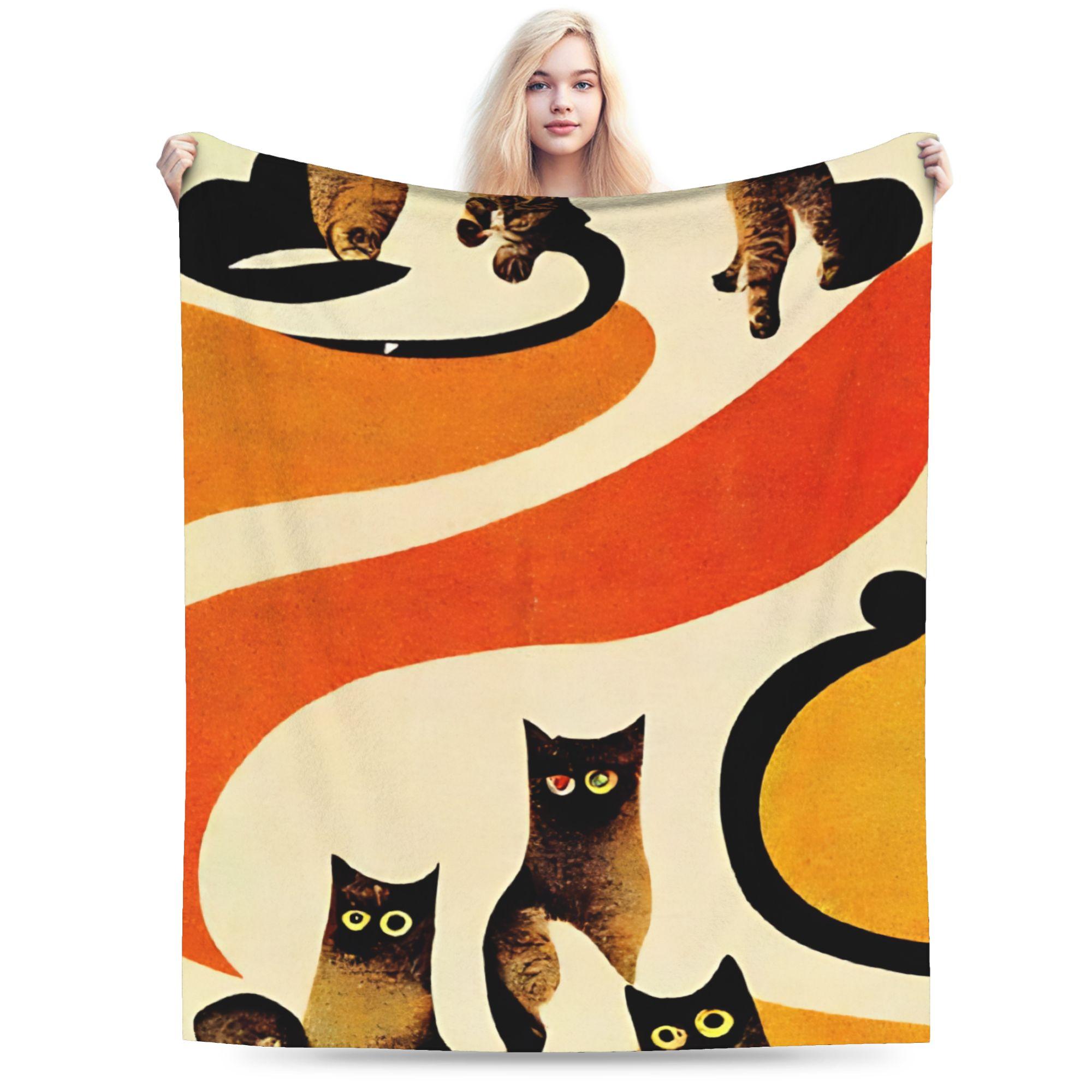 Retro Vintage Art Cute Cats  Flannel Blanket Winter  Warm Throw Blanket for Kids Home Decor Print Bedspread Sofa Bed Cover 75X95CM