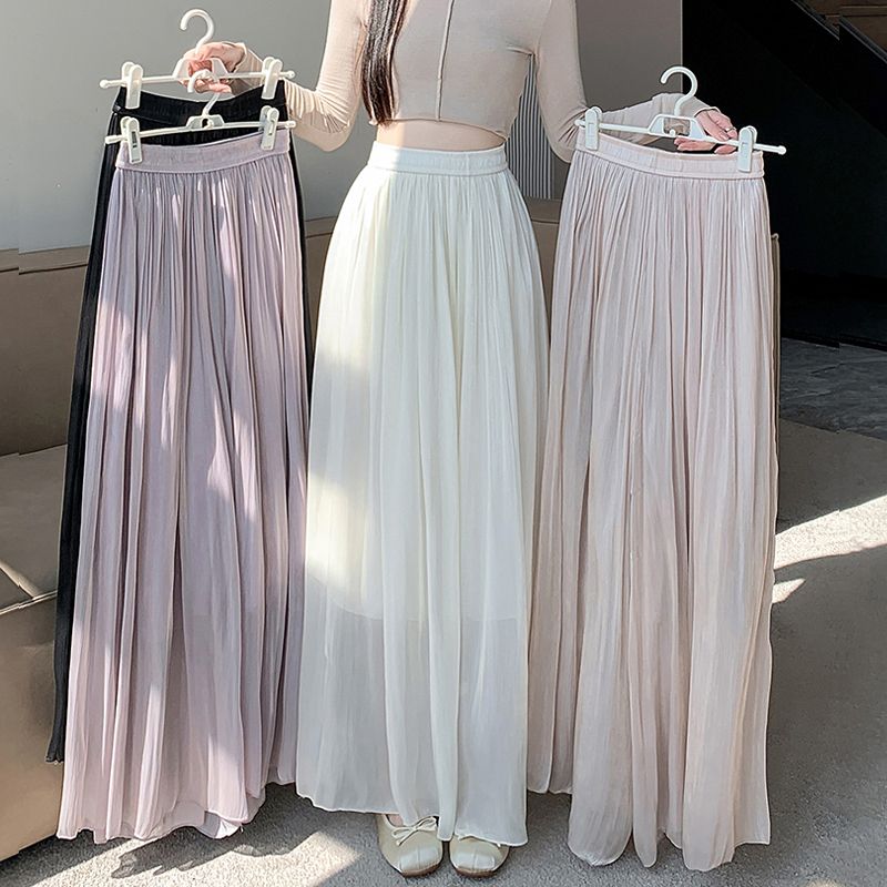 Ledově hedvábný šifonové široké kalhoty dámské letní tenké s vysokým pasem zeštíhlující volné ležérní devítidélkové splývavé plisované culottes