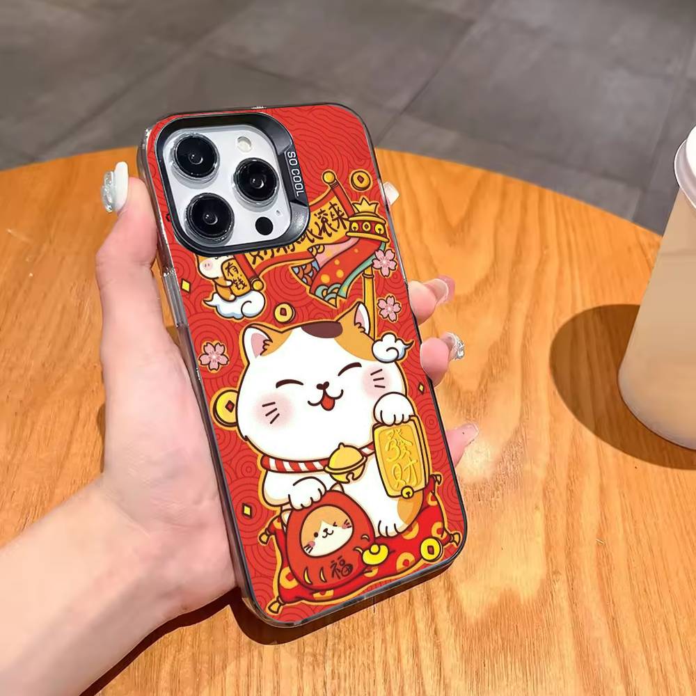 Lucky Money Cat M-Maneki N-Neko Phone Case For iPhone17 16 15 14 13 12 Pro Max Grey Black Matte Laser Metallic Aurora Funda