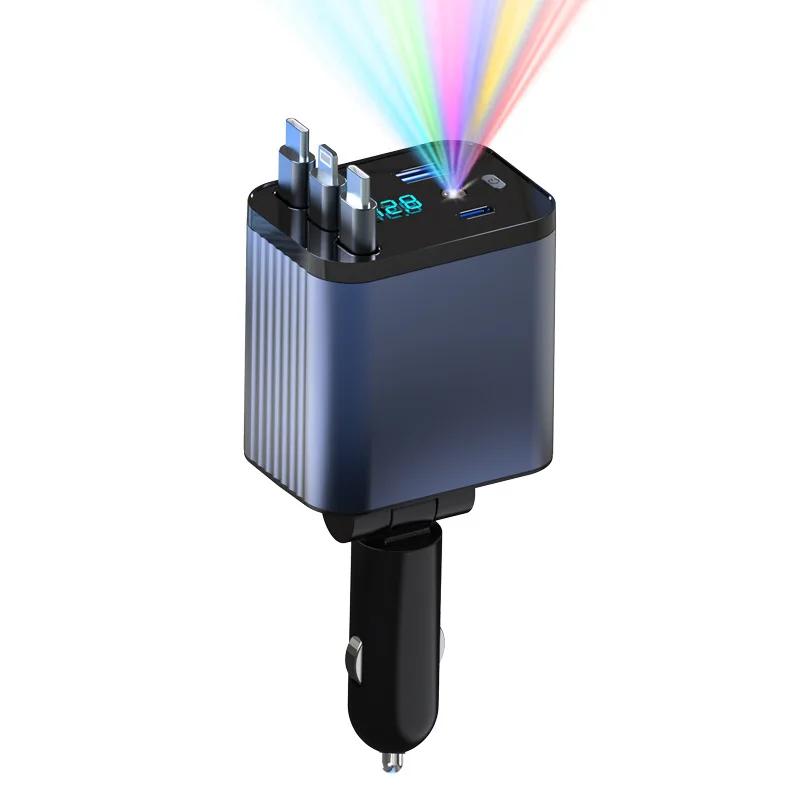 

Выдвижной автомобильный зарядный адаптер мощностью 120 Вт, 5-в-1, быстрая зарядка, зарядное устройство USB C Starry Sky для телефона с 3 выдвижными кабелями, для iPhone синий