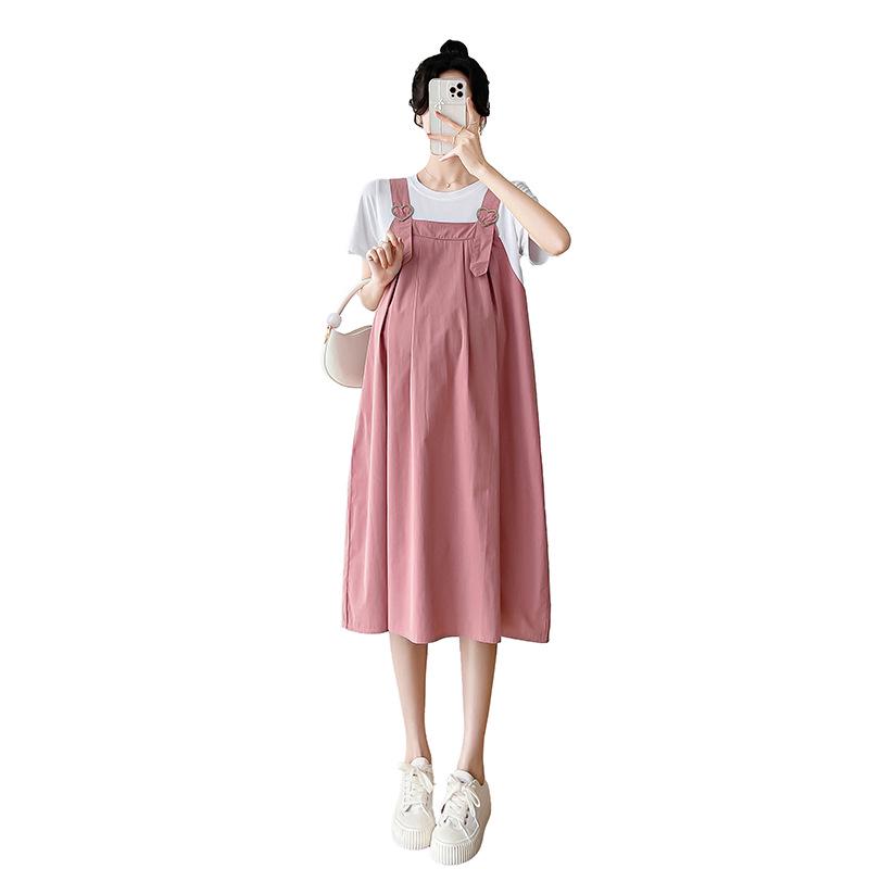 Korean Style Maternity Dress: 2026 Summer Patchwork Skirt, Faux Two-Piece Design