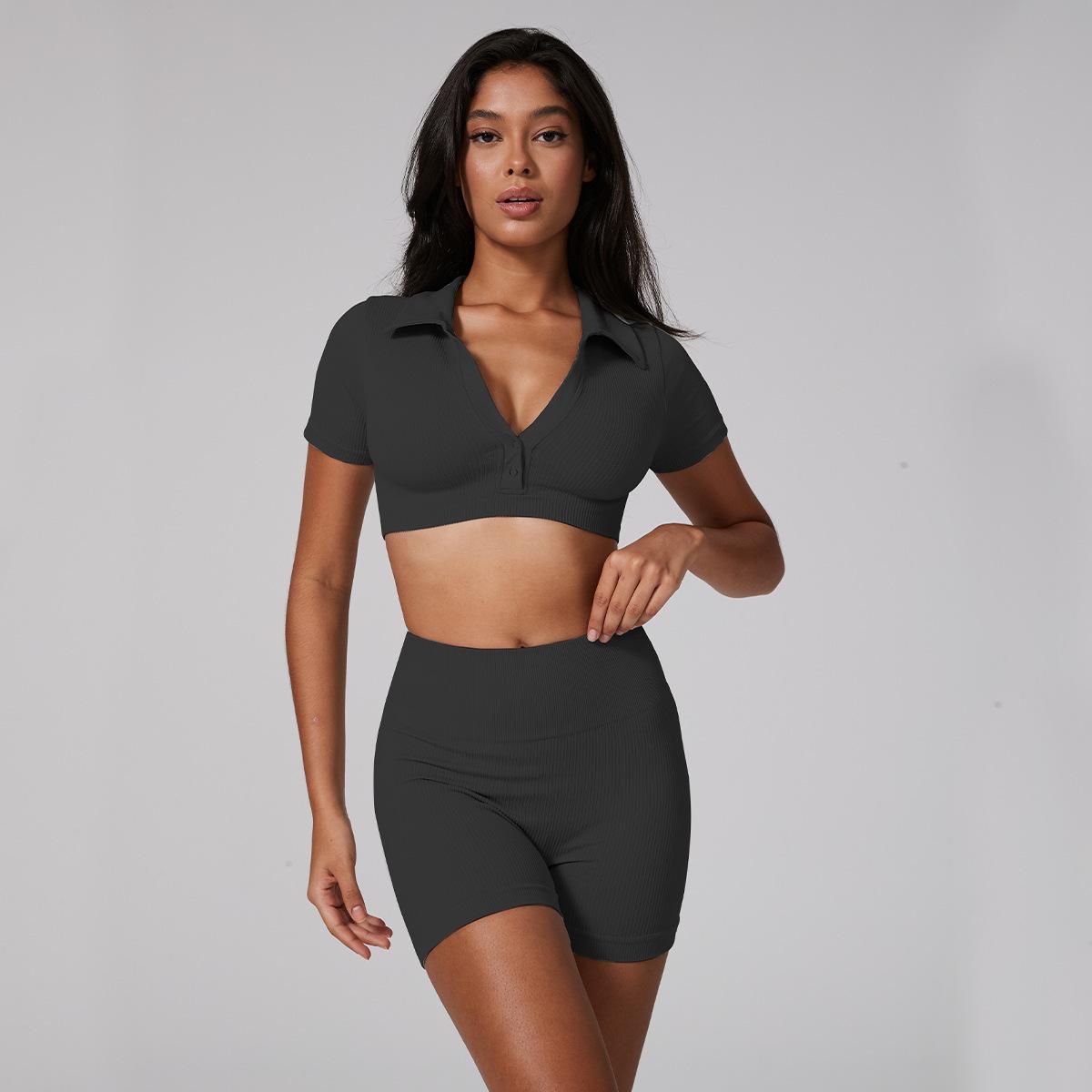 JYL Ribbed Yoga Set Short Sleeve High Waist Shorts Training L бездна