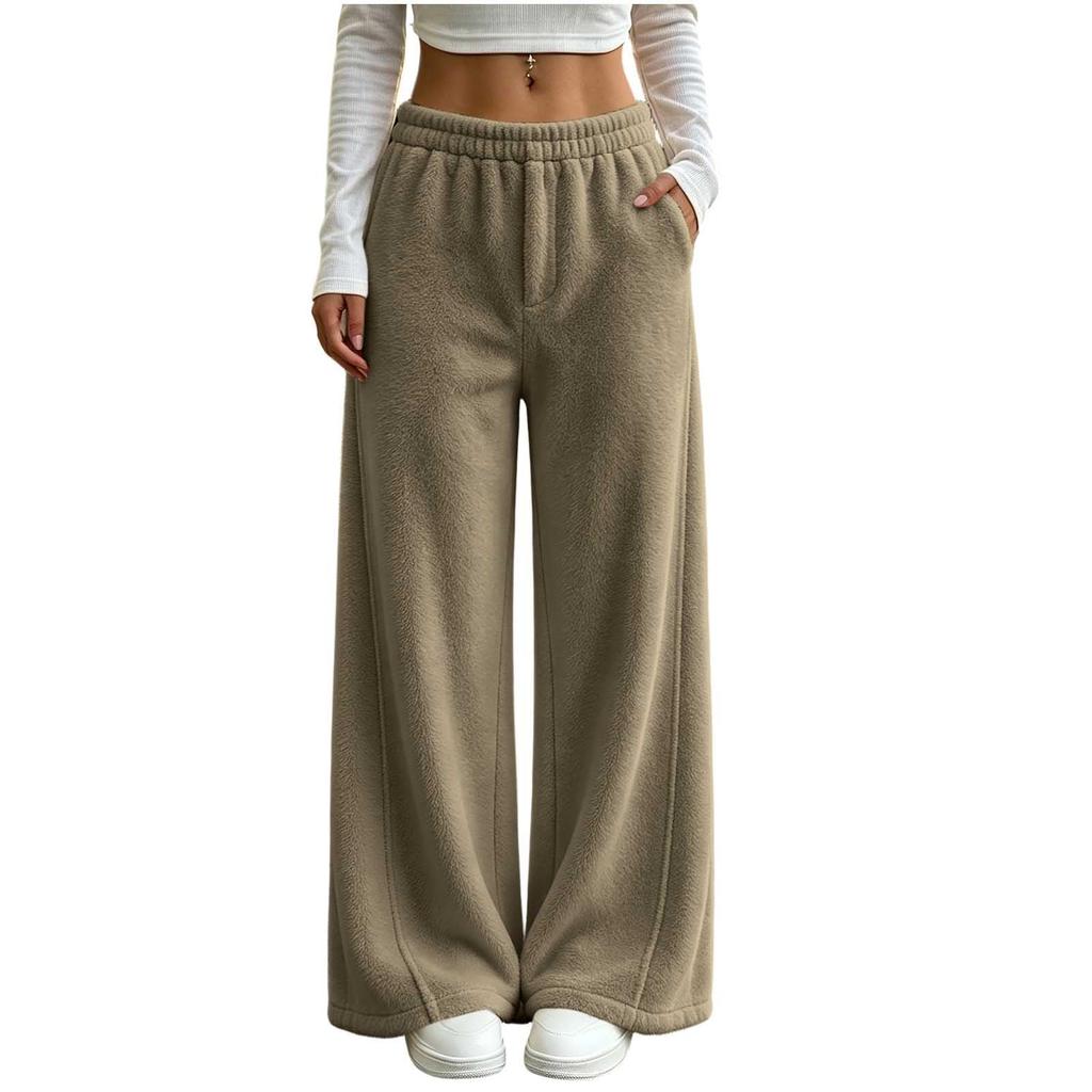 Winter Pants for Women Elastic Waist Fuzzy Wide Leg Casual Trousers
