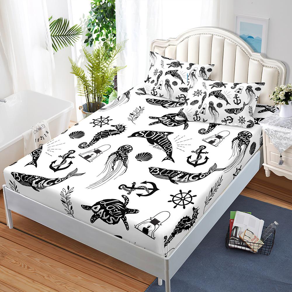 Sheet Three-Piece Bedspread Pillowcase Marine Animal Mattress Protective Cover
