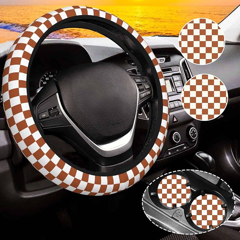 Khaki Checkered Steering Wheel Cover For Women,Universal Auto Steering Wheel 14-15 Inch Car Interior Accessories With 2PCS Car Coasters,Suitable For