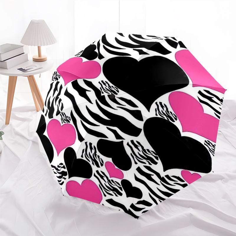 

Zebra Print and Heart Pattern Folding Fishion Umbrella with 8 Iron Ribs, Plastic Handle, Windproof and Portable, Suitable for