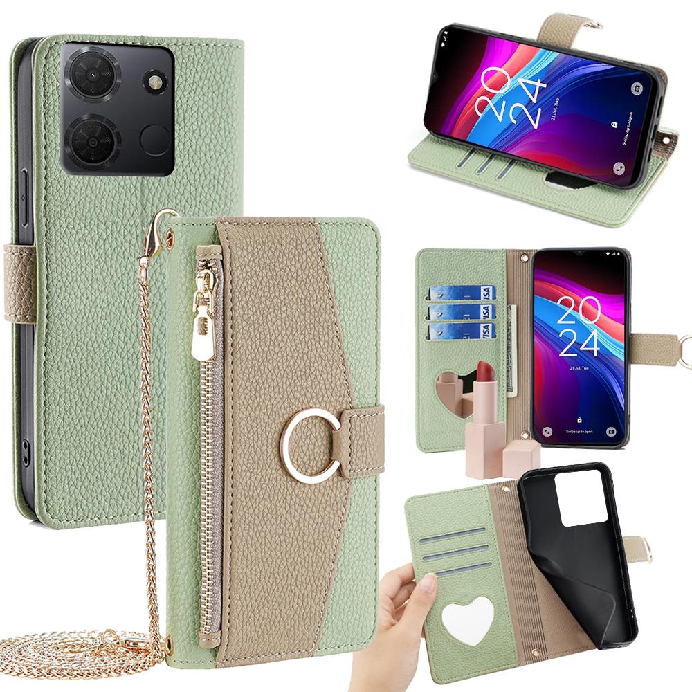 

For TCL 503 Case Mirror Wallet Leather Phone Cover with Chain Shoulder Strap Green