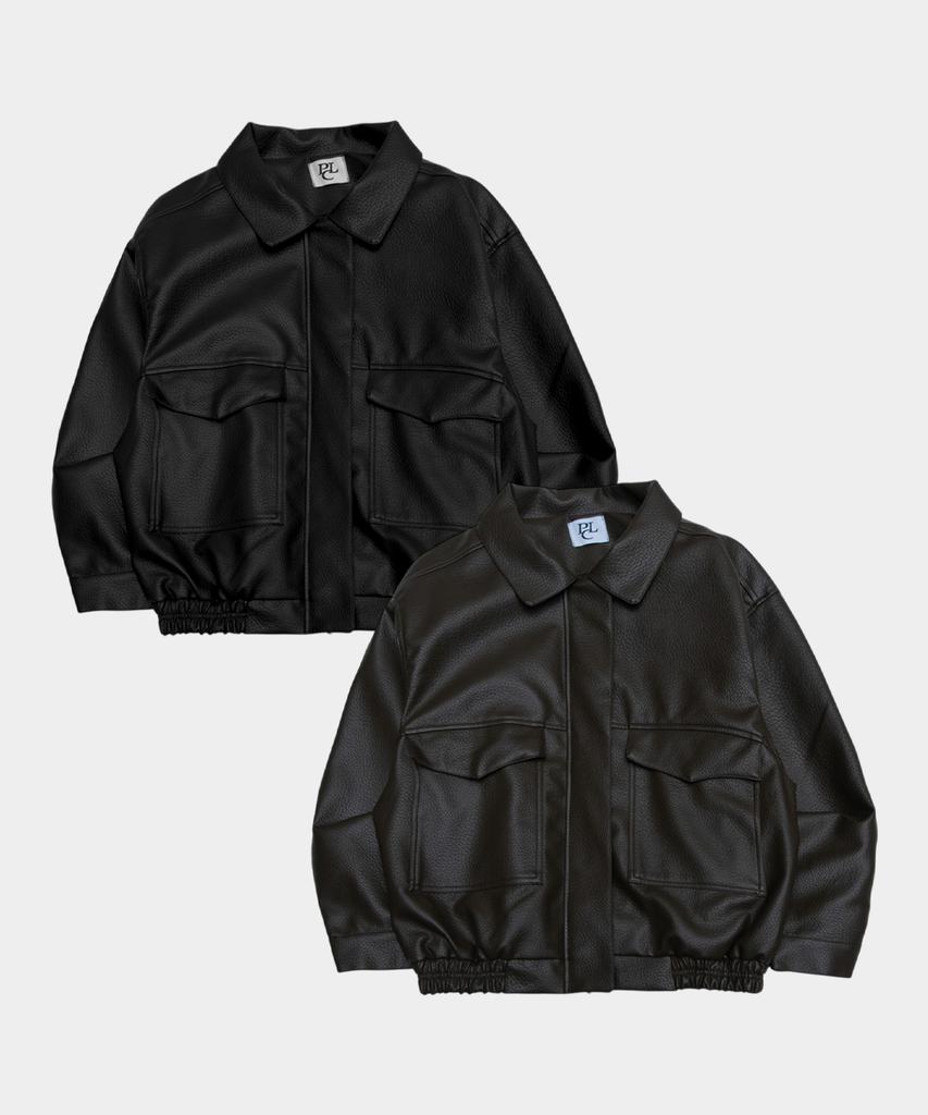 PLACESTUDIOMAN Veste Blouson Oversize Vintage à Grande Poche, Col Simple, Standard, Deux Sens, en Cuir_2 Couleurs