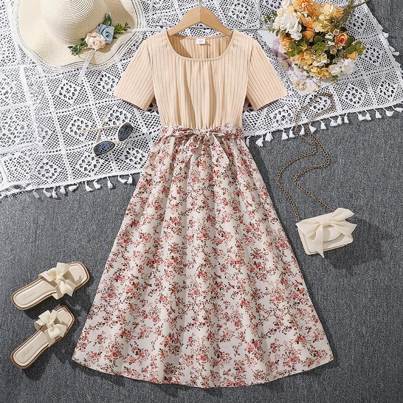 

Girl Short Sleeves Floral Print Dress Children Kid Casual Summer Beach Sundress Princess Dresses Clothes 9Y светло-коричневого