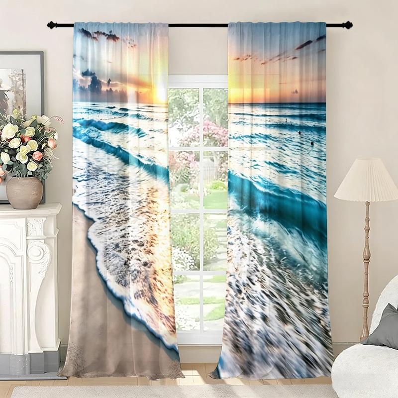 2-Piece Ocean Beach Sunset Curtains, Rod-Pocket Style Semi-Transparent Polyester Curtains, Tropical Coast Print Light-Filtering Curtains,