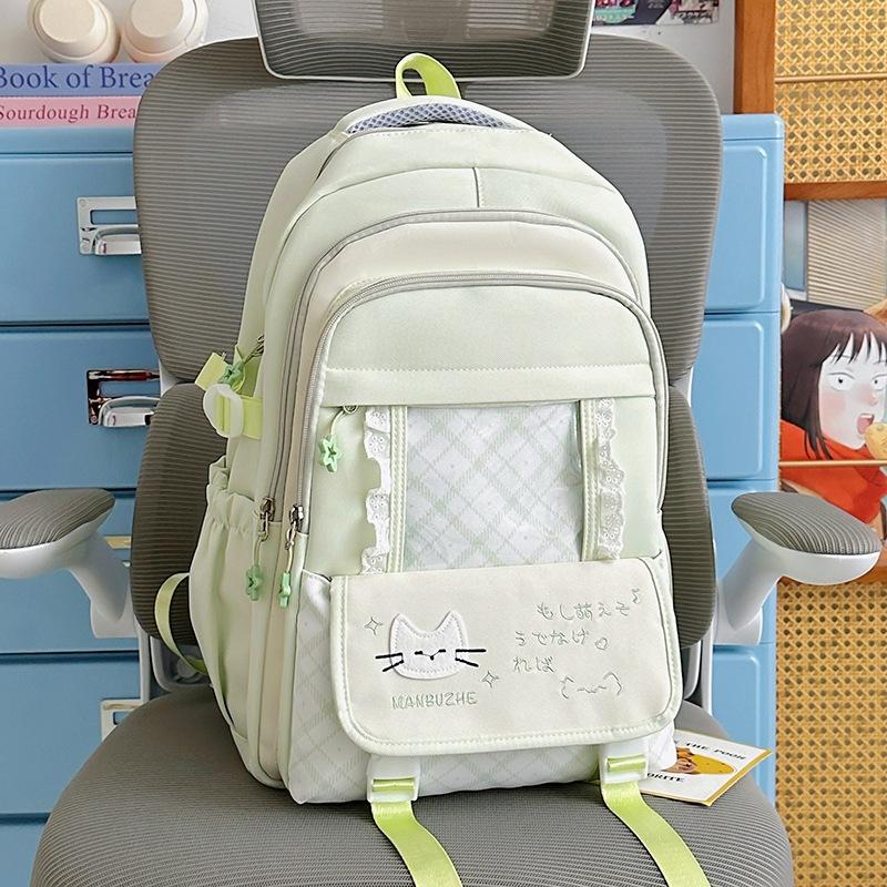 Schoolbag Japanese School Bag Female Cat Letter Plaid Large Capacity Backpack Sweet Versatile Junior High School Girls Light Backpack
