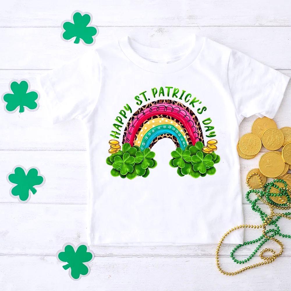 Happy St Patricks Day Kids T Shirts Shamrockrainbow Graphics Print Tee Top Short Sleeve Tops St Patricks Day Girl Summer Gift 100