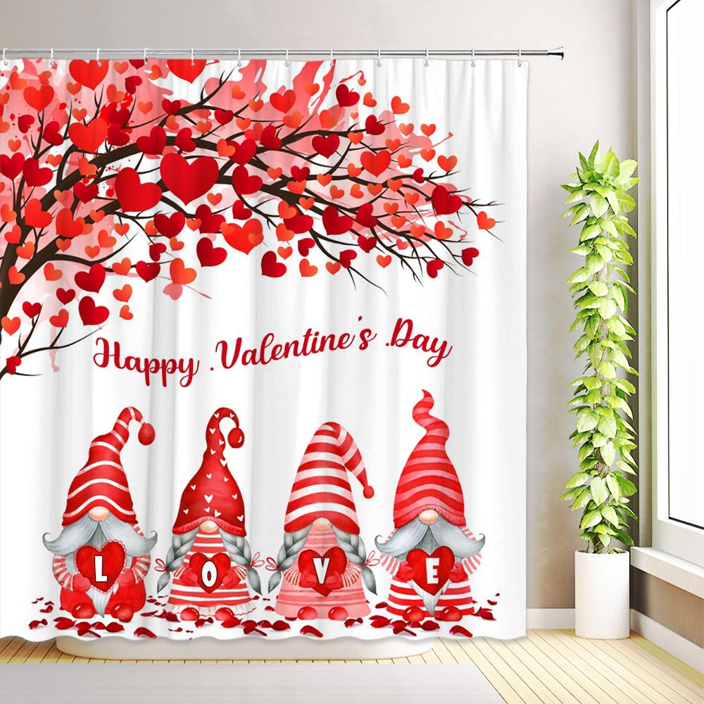 Red Love Hearts Tree Valentine's Day Shower Curtain Romantic Rose Flower Leaves Bathroom Decor Fabric Bath Curtains with Hooks