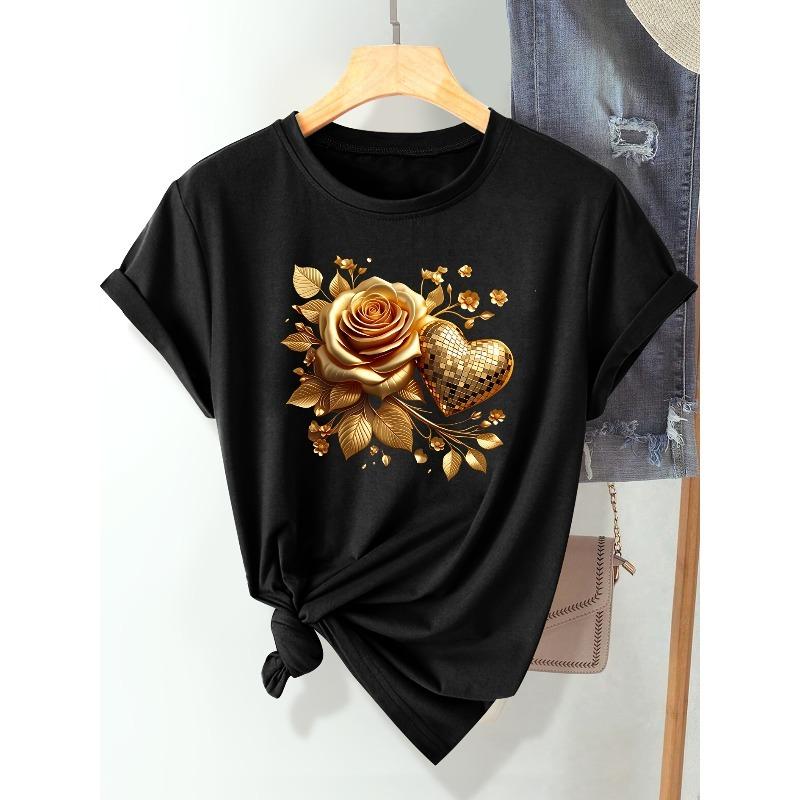 

European Size Valentine s Day Golden 3D Rose Sequin Heart Print Fashion Elegant Women s Spring Summer Autumn Casual Sporty Top Soft Comfortable 4XL чорний
