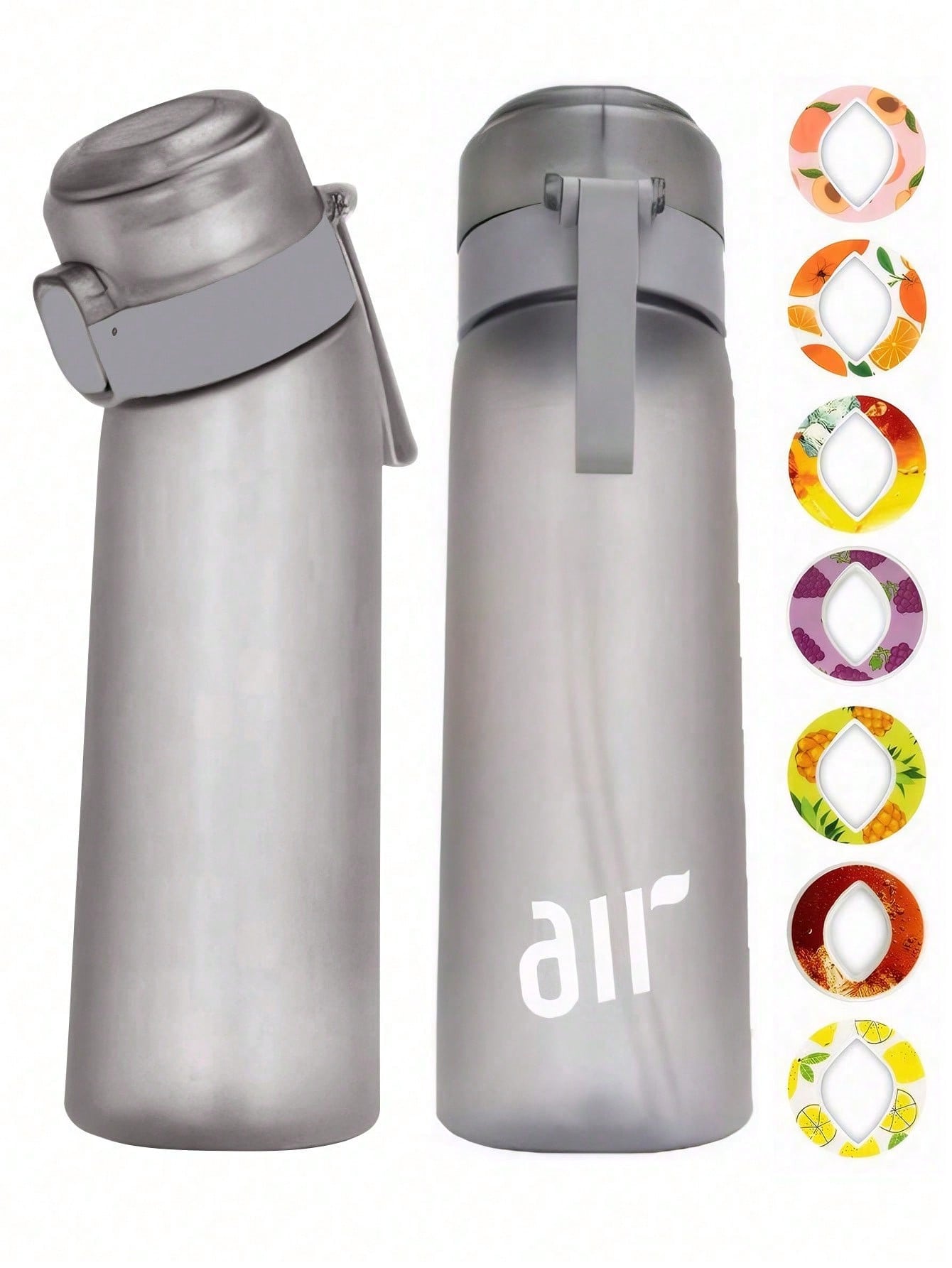 1 stuks nieuwe 800 ml/27 oz draagbare sport-traw waterfles, uitgerust met 1 stuks willekeurige fruitdrank smaakcapsules zonder suiker en zonder calorieën 0.8L lichtgrijze kleur